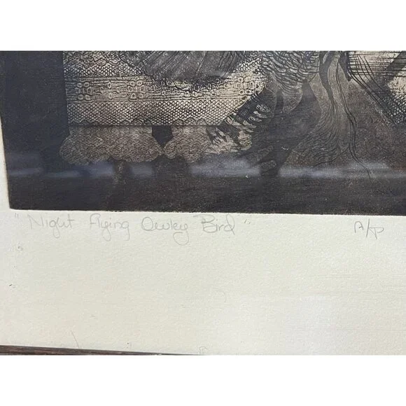 Vintage Artists Proof Etching “Night flight Owly Bird” Signed JR K- 1970’s-80’s - Picture 10 of 10